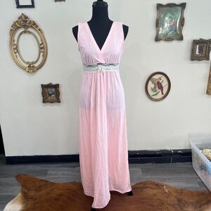 Vintage Kayser Pink Sheer Chiffon Nightgown - Lace Empire Waist Maxi Dress USA